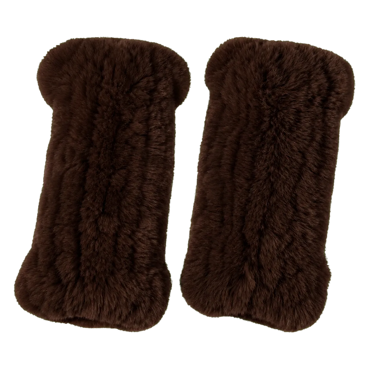 Deep Sable Brown genuine Rex rabbit fur fingerless mittens, transparent product view