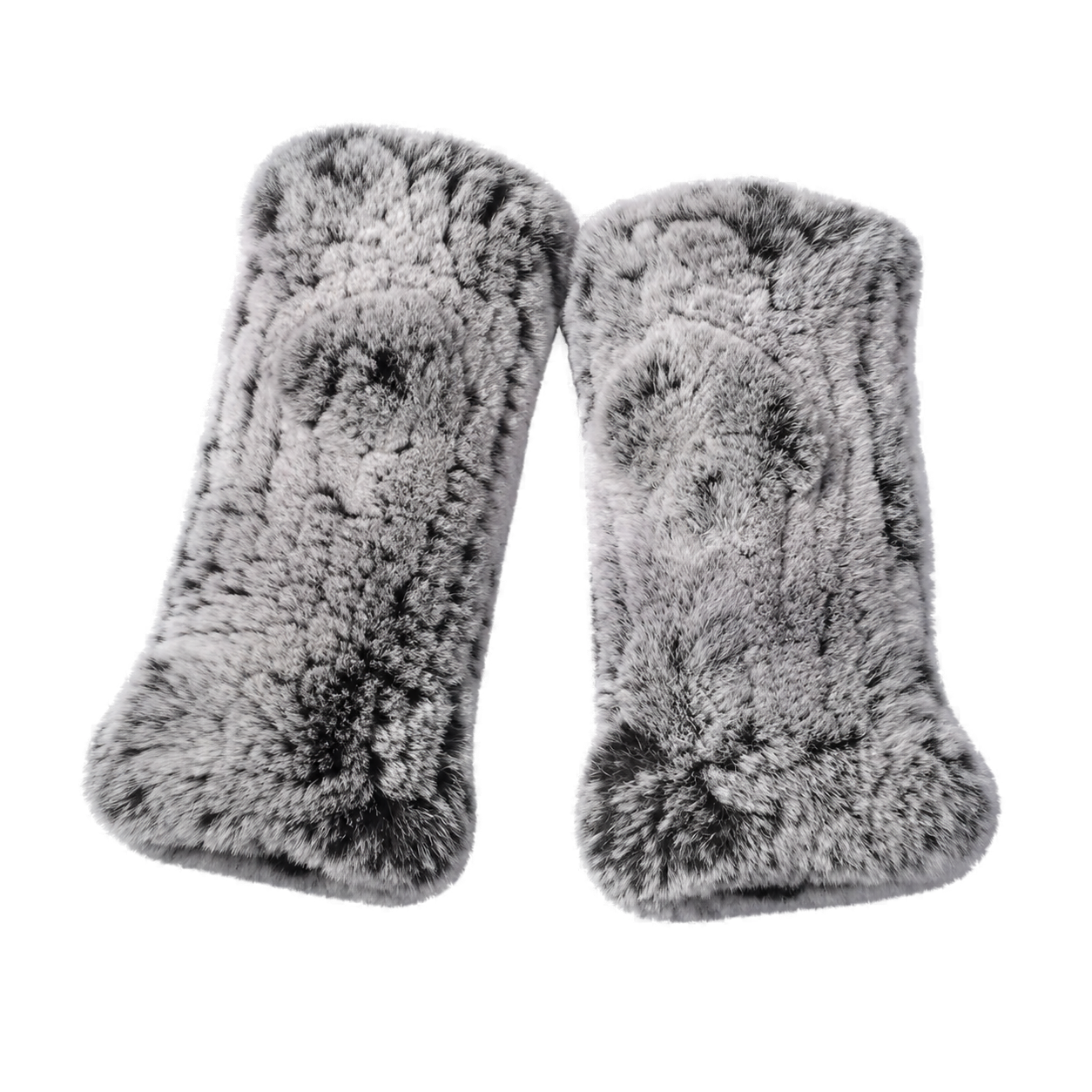 Frosted Gray genuine Rex rabbit fur fingerless mittens, transparent product view