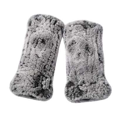 Frosted Gray genuine Rex rabbit fur fingerless mittens, transparent product view