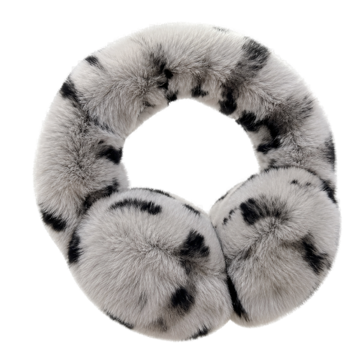 Gray Leopard genuine Rex rabbit fur adjustable earmuffs, transparent product view