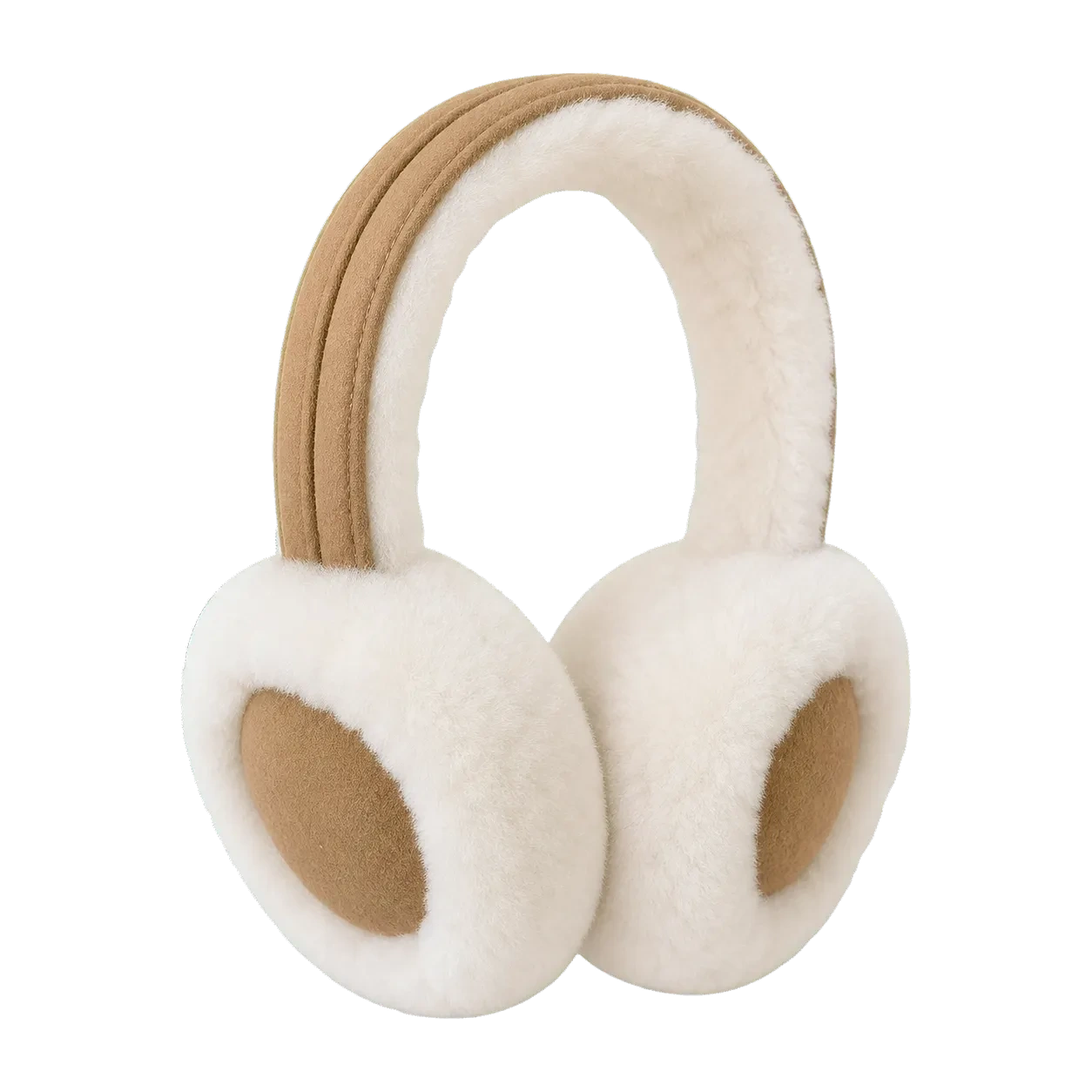 Ivory and camel genuine Australian sheepskin adjustable earmuffs on a transparent background