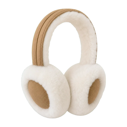 Ivory and camel genuine Australian sheepskin adjustable earmuffs on a transparent background