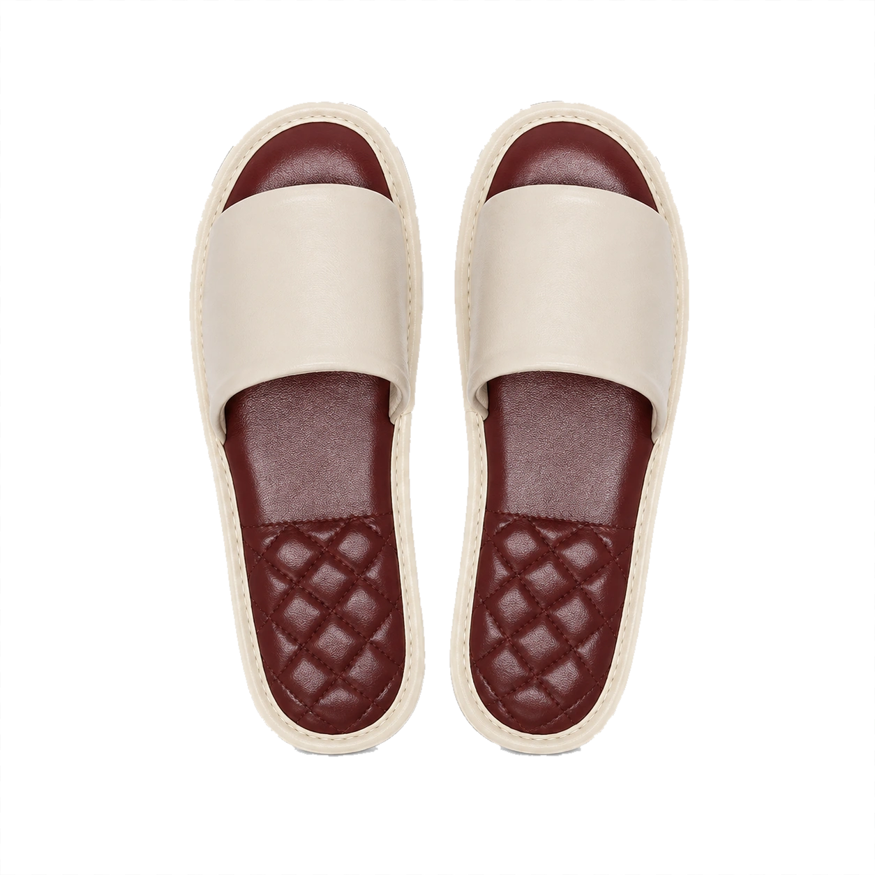 Ivory lambskin leather open-toe slippers with burgundy footbeds on a transparent background