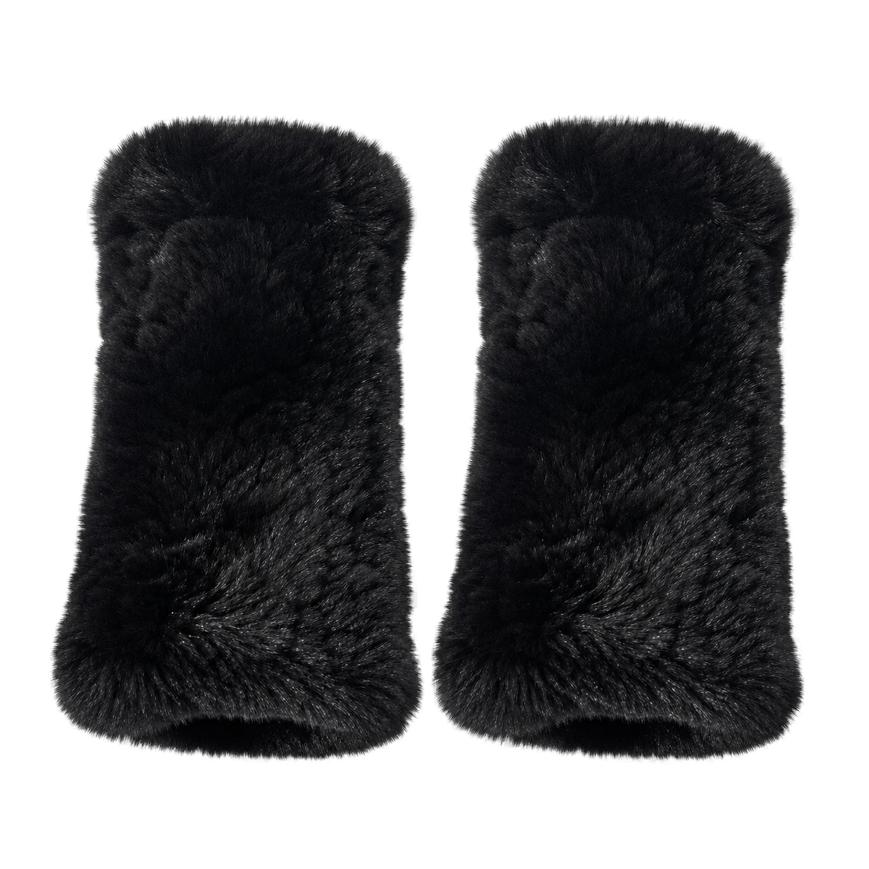 Natural Black genuine Rex rabbit fur fingerless mittens, transparent product view