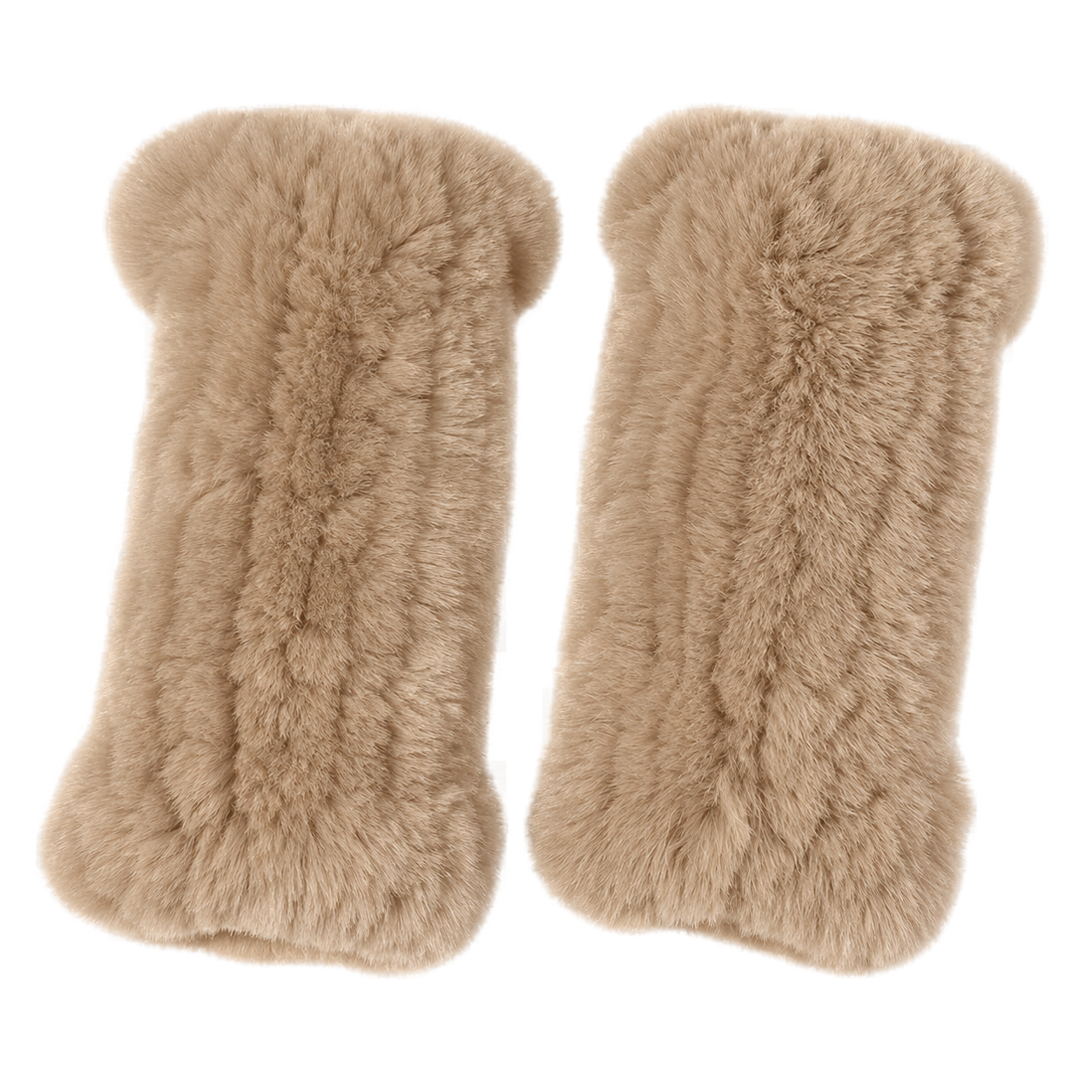 Natural Camel genuine Rex rabbit fur fingerless mittens, transparent product view