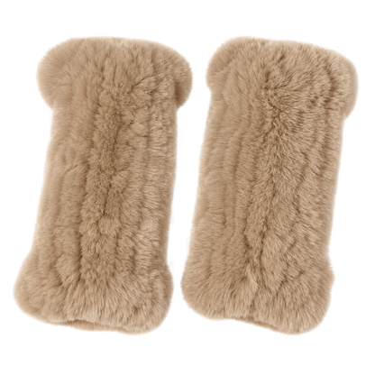 Natural Camel genuine Rex rabbit fur fingerless mittens, transparent product view
