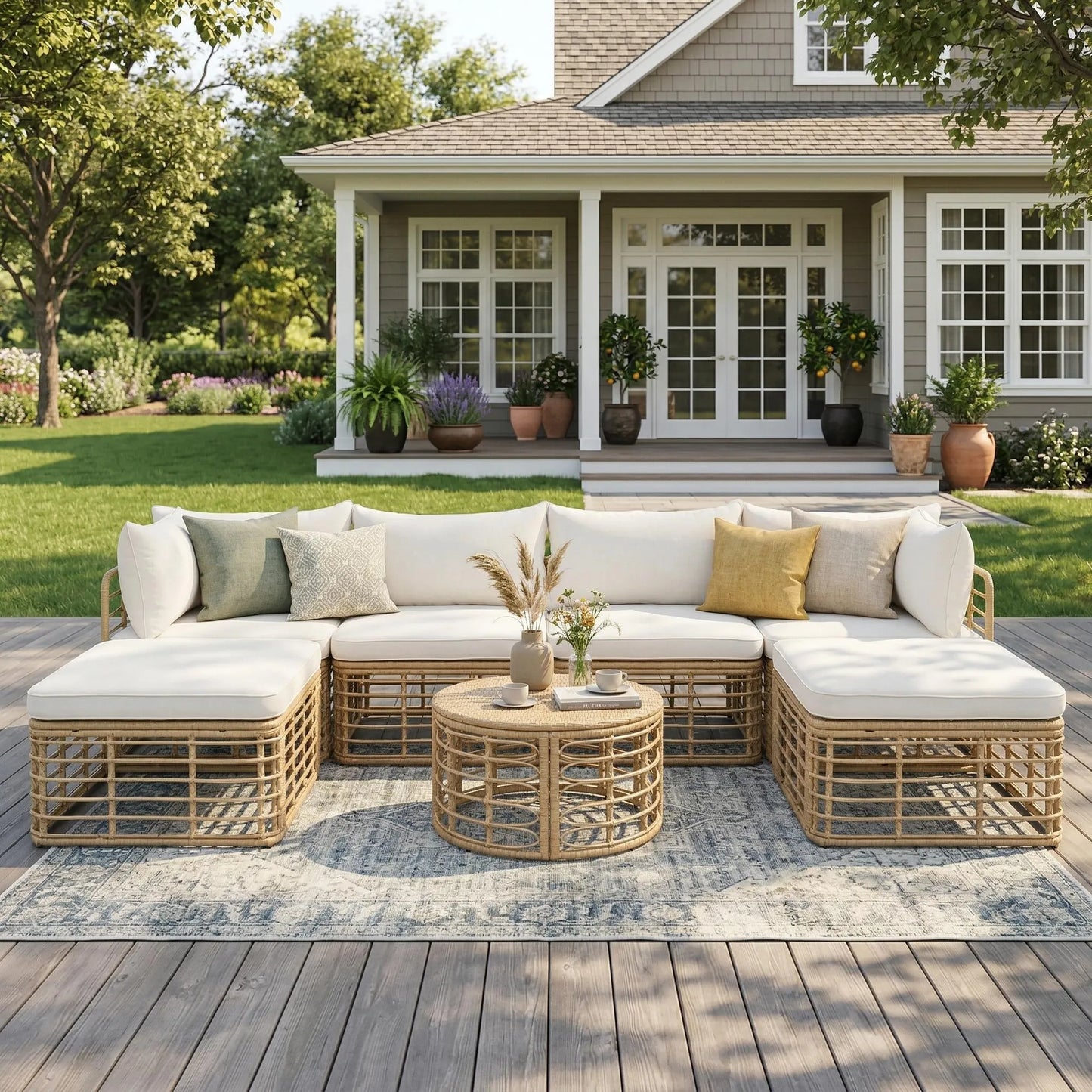 7 Pieces Outdoor Patio Furniture, All-Weather Rattan Sectional Sofa Set with Thick Cushions and Pillows, Freely Combined Conversation Sets for – view 1