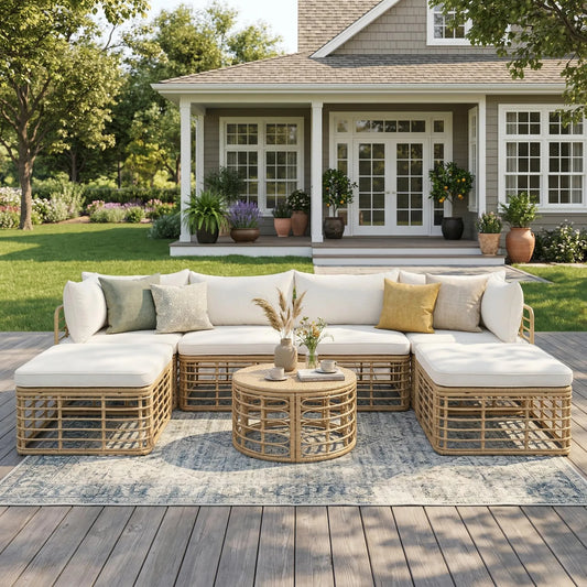 7 Pieces Outdoor Patio Furniture, All-Weather Rattan Sectional Sofa Set with Thick Cushions and Pillows, Freely Combined Conversation Sets for – view 1