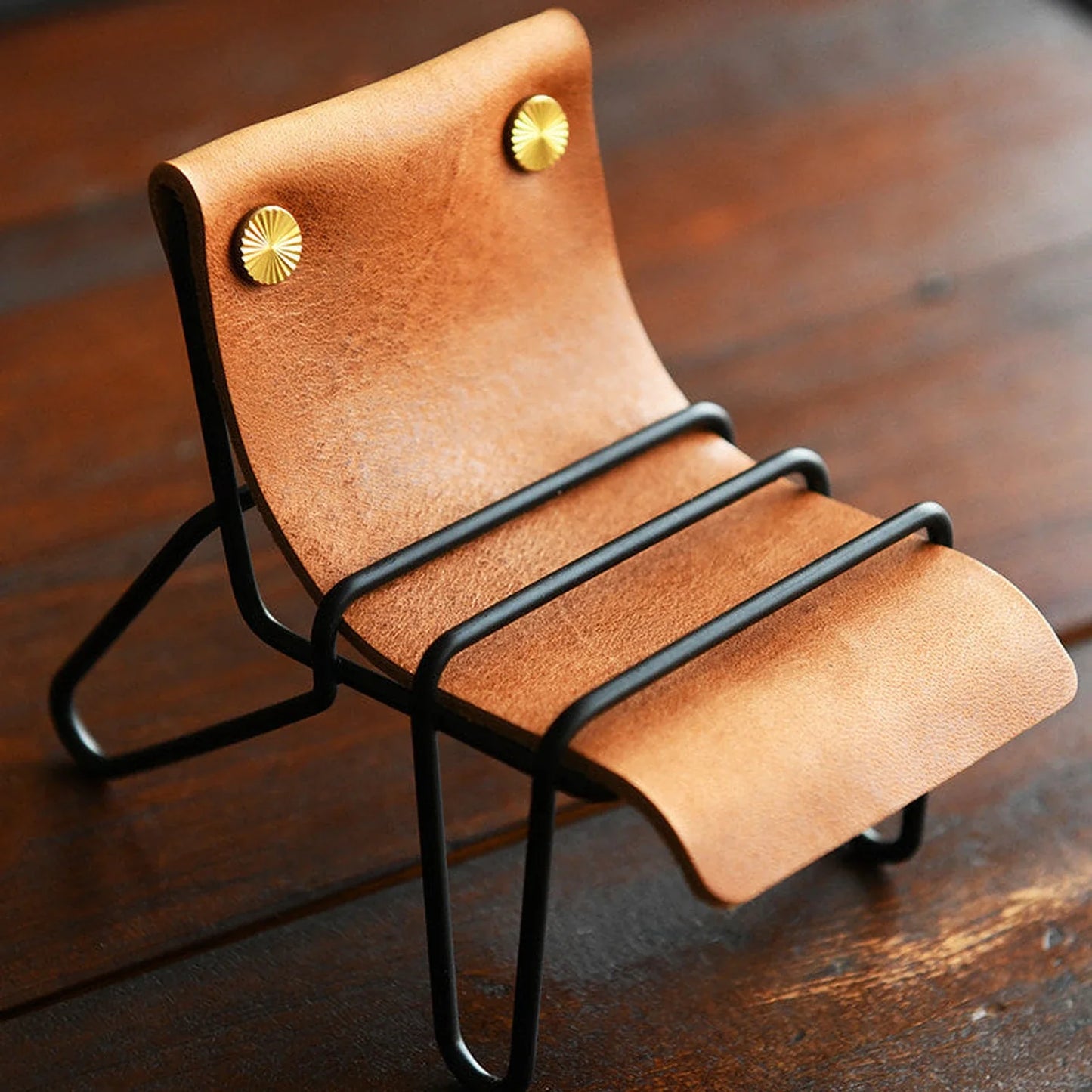 Genuine leather chair phone stand in sunset tan with black frame