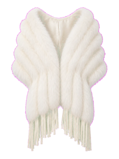 Ivory Beige genuine fox fur fringed evening shawl isolated on a transparent background