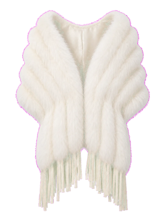Ivory Beige genuine fox fur fringed evening shawl isolated on a transparent background