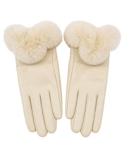 Ivory women's sheepskin leather gloves with genuine Rex rabbit fur cuffs
