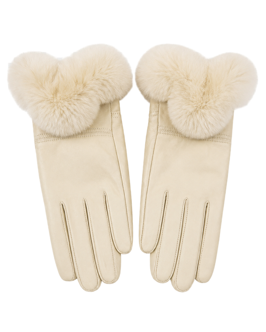 Ivory women's sheepskin leather gloves with genuine Rex rabbit fur cuffs