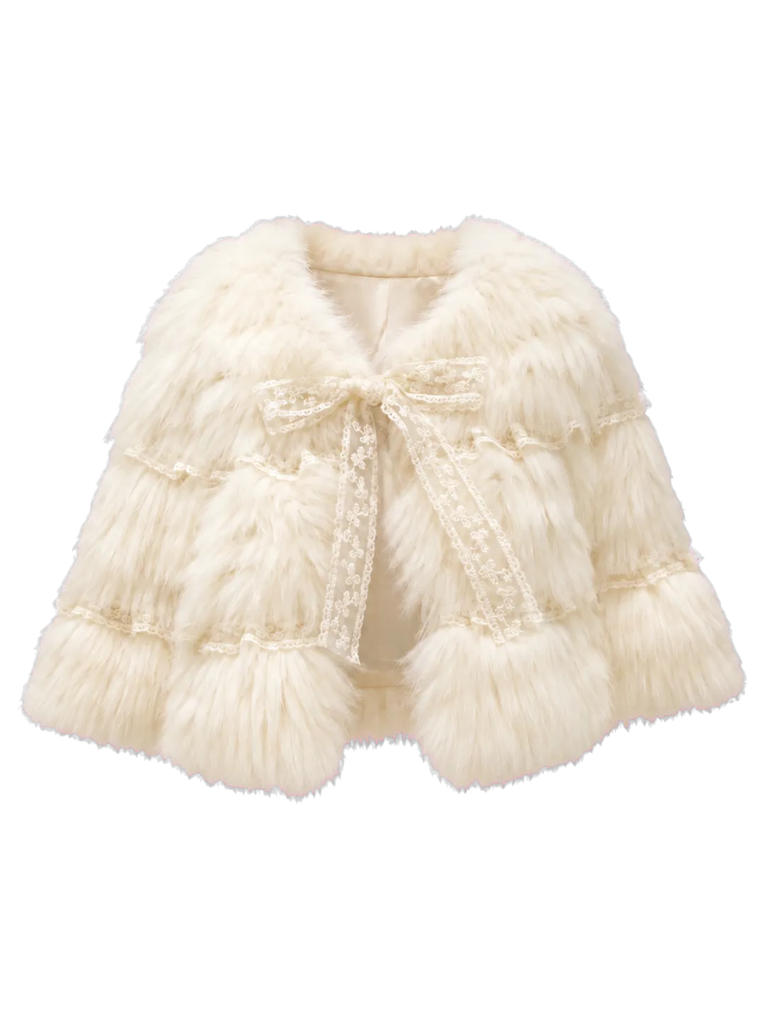 Ivory White genuine fox fur lace-trim tie-front capelet isolated on a transparent background
