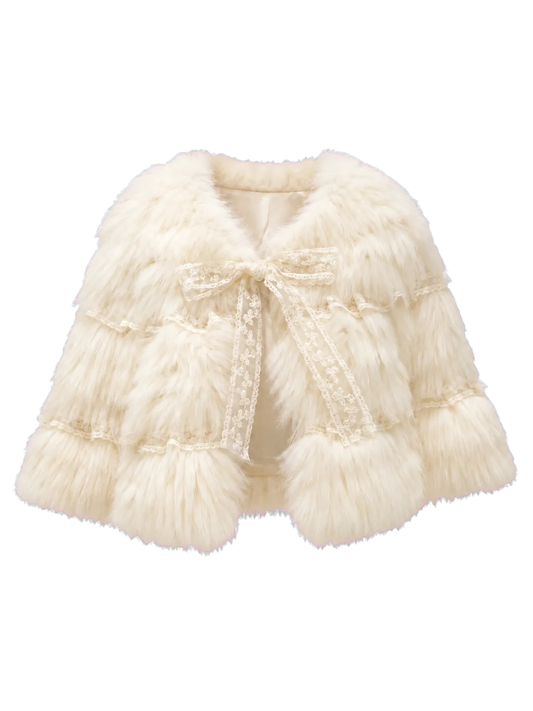 Ivory White genuine fox fur lace-trim tie-front capelet isolated on a transparent background