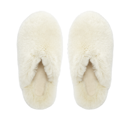Ivory White genuine rabbit fur closed-toe house slippers on a transparent background