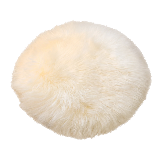 Ivory White genuine long-wool sheepskin round chair pad on transparent background