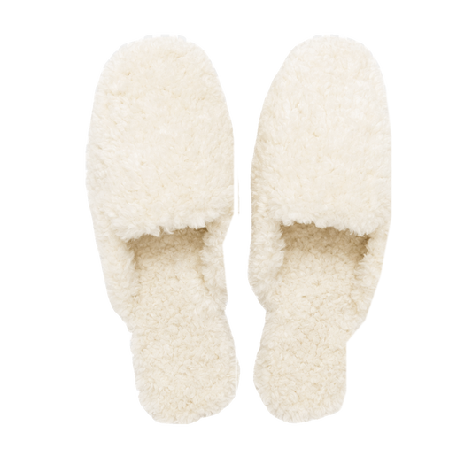 Ivory White genuine wool and leather closed-toe house slippers on transparent background