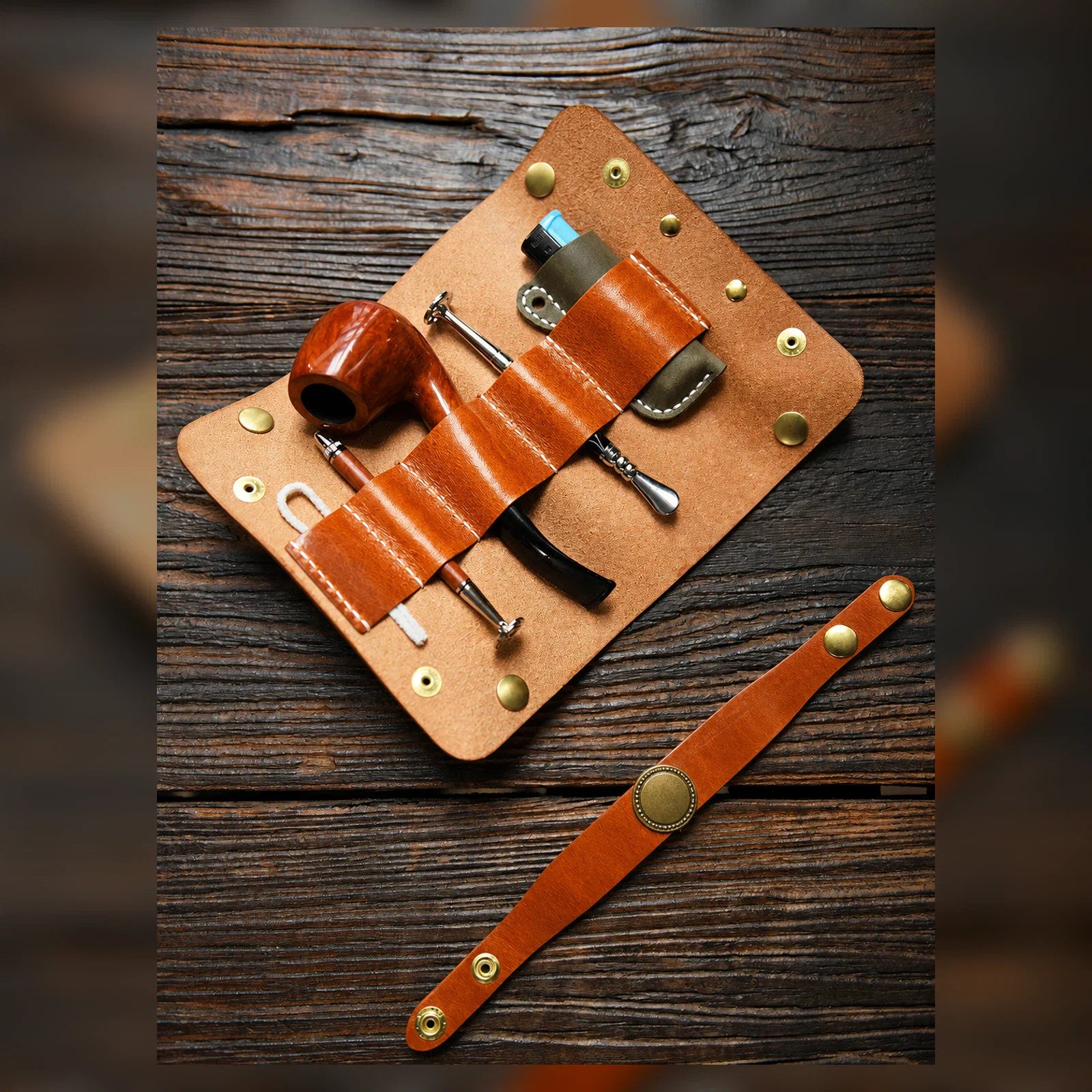 Vegetable-tanned leather pipe pouch opened with pipe and care accessories