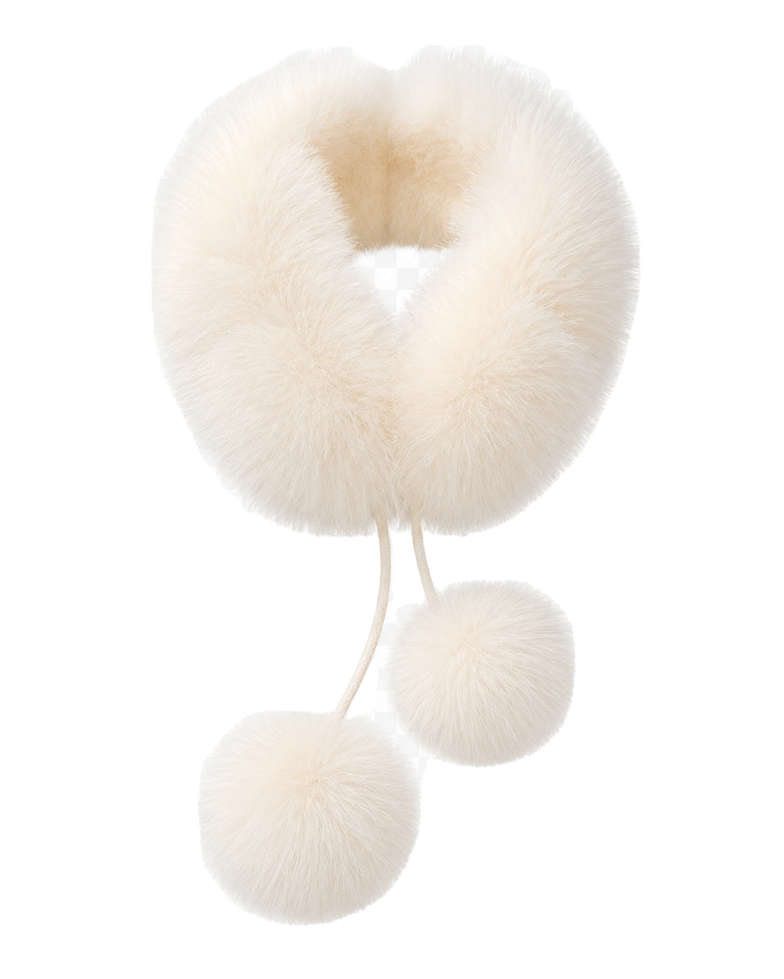 Milky Ivory genuine fox fur loop scarf with rabbit fur lining and two pom-poms on transparent background