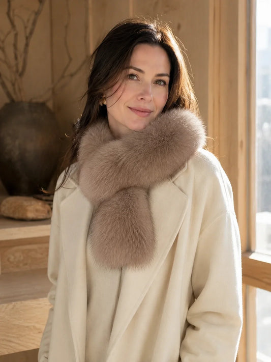 Woman wearing a Mushroom Taupe fox fur scarf with an ivory winter coat
