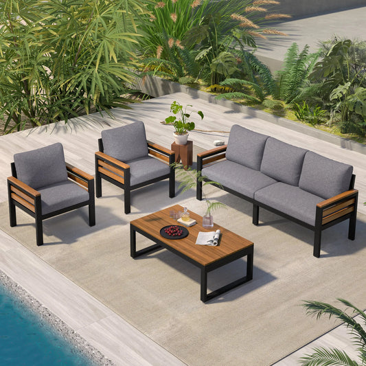 <Old SKU: N704G201246E> GO 4-Piece Outdoor Furniture Sofa Set for 5 People with Acacia Wood Armrests, Patio Conversation Set with Removable Cushion – view 1