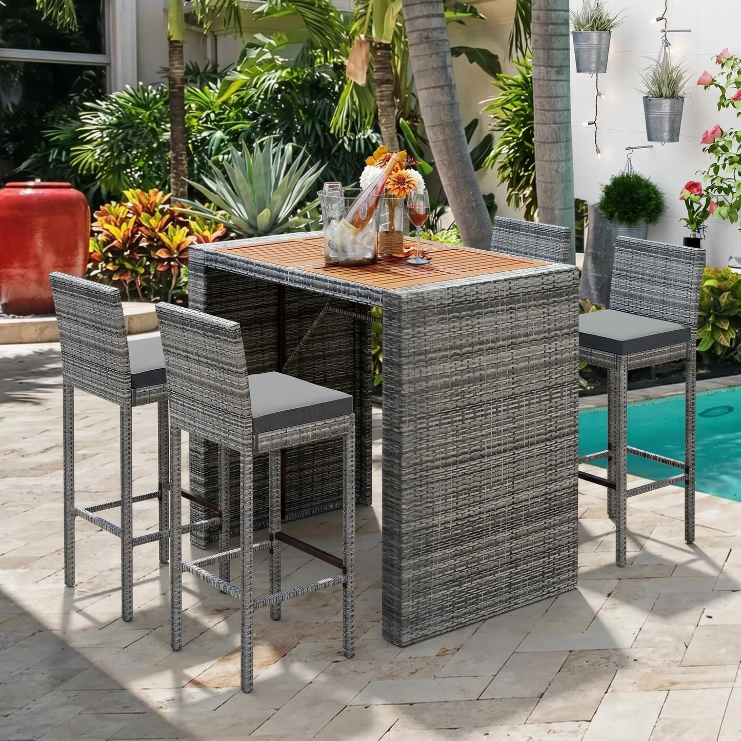 <Old SKU: FG201216AAE> GO 5-pieces Outdoor Patio Wicker Bar Set, Bar Height Chairs With Non-Slip Feet And Fixed Rope, Removable Cushion, Acacia Wood – view 1