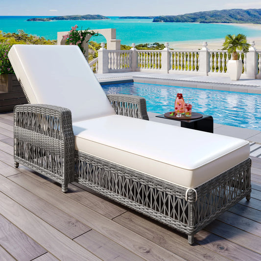 Outdoor Long Reclining Chaise, Wicker Lounge with Armrests, Patio Adjustable Recliner with Soft Removable Cushions, All Weather Rattan Pool Lounge – view 1