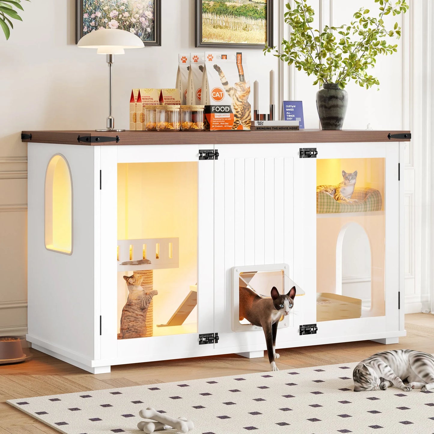 47.25' Large Cat Litter Box Enclosure with LED Light, Hidden Litter Box Furniture, Cat House with Stairs and Cat Scratching Post, Cat Cabinet Side – view 1