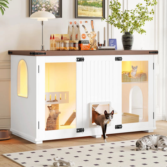 47.25' Large Cat Litter Box Enclosure with LED Light, Hidden Litter Box Furniture, Cat House with Stairs and Cat Scratching Post, Cat Cabinet Side – view 1