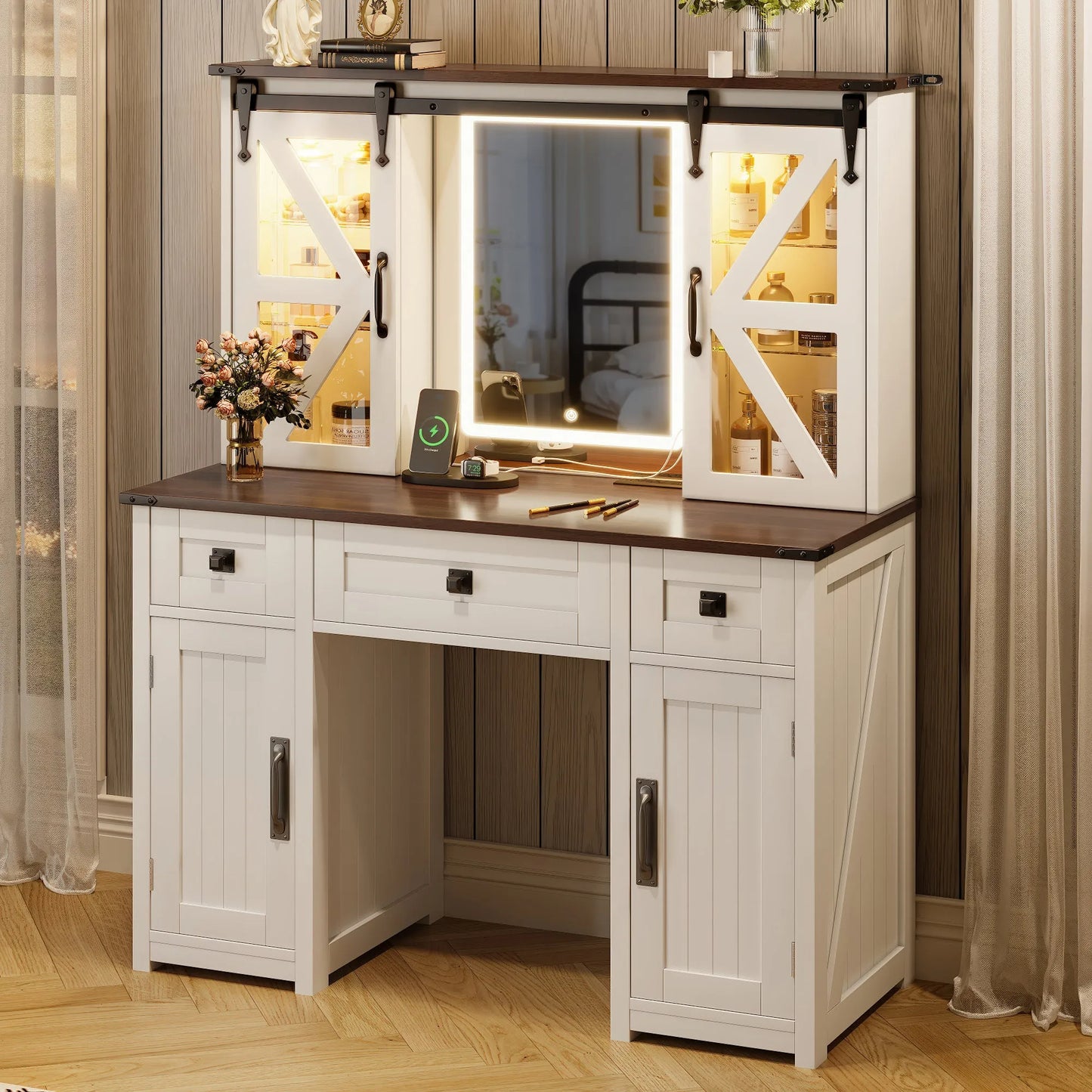 (Stool NOT Included) 43.3' Farmhouse Makeup Vanity Desk with Lighted Mirror, Vanity Table with Charging Station, Dressing Table with Sliding Barn – view 1