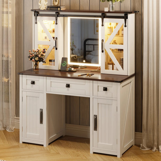 (Stool NOT Included) 43.3' Farmhouse Makeup Vanity Desk with Lighted Mirror, Vanity Table with Charging Station, Dressing Table with Sliding Barn – view 1