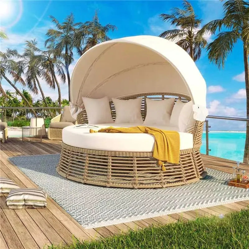 <Old SKU: N704G201243A> Outdoor Patio Rattan Round Daybed with Retractable Canopy, Wicker Furniture Round Poolside Sofa Sunbed with Removable – view 1
