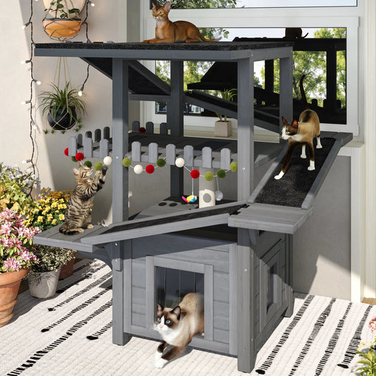 4 Tiers Outdoor Cat House Weatherproof Cat Tree Tower with Waterproof Roof and 2 Doors , Feral Cat Shelter Outside Enclosure, Multi-Level Play Zones – view 1