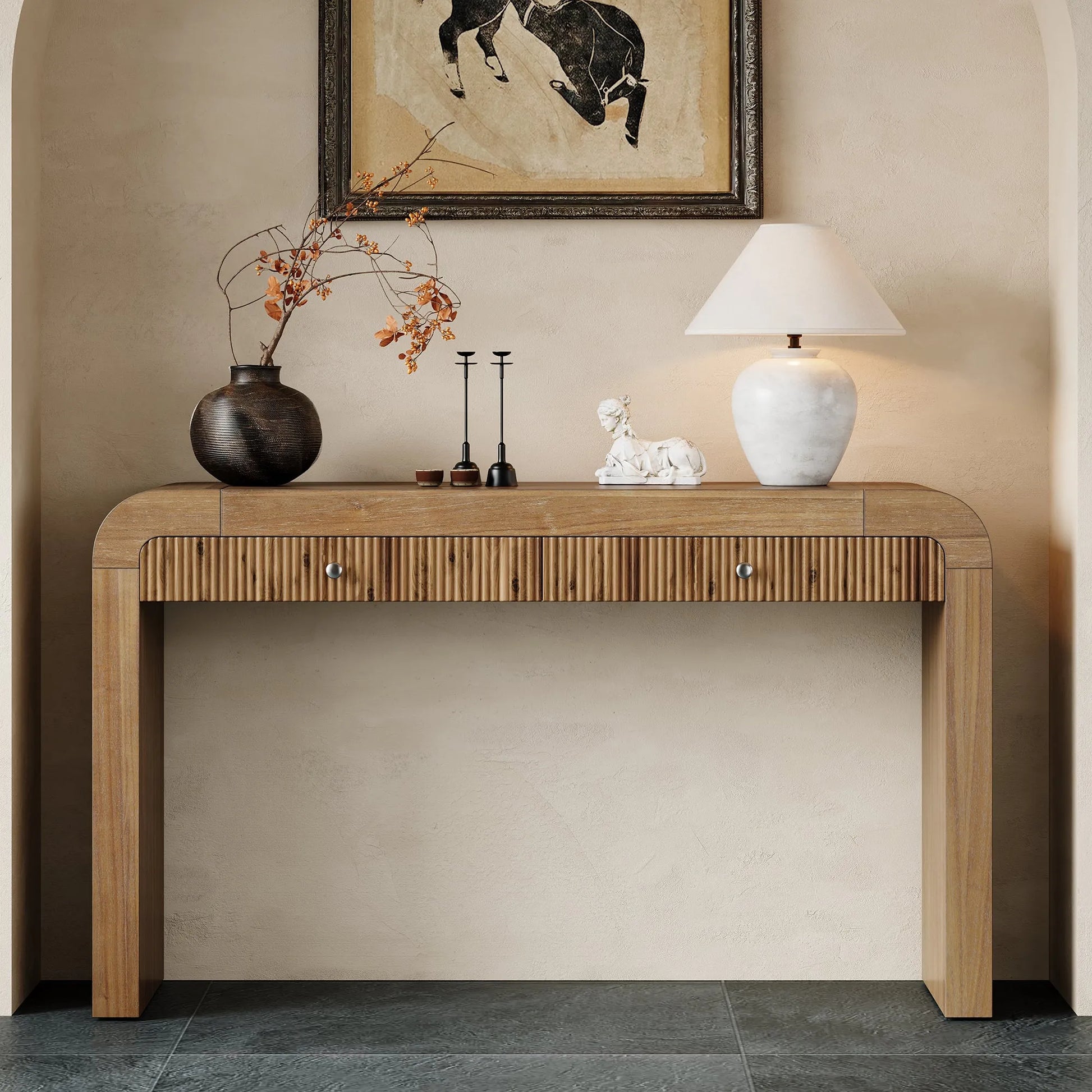 Rustic Console Table with Fluted Drawer Front, Entryway Table with Curved Corners & Thick Legs, Sturdy Sofa Table for Hallway & Living Room (Natural) – view 1