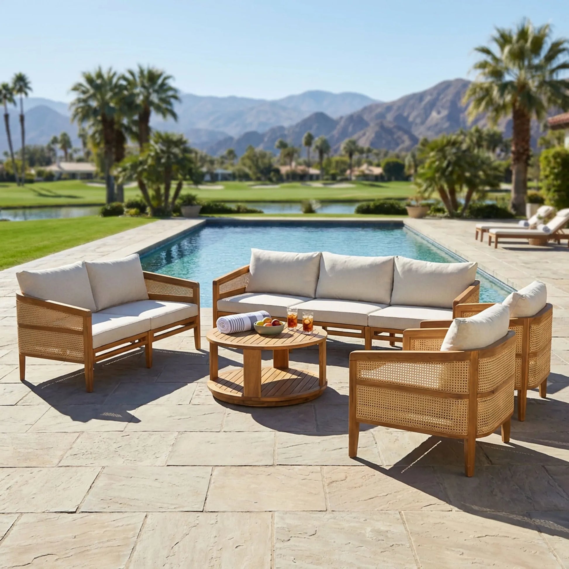 5-Piece Acacia Wood Patio Furniture Set, Modular Outdoor PE Rattan Sofa Set with Loveseat, 2 Armchairs & Round Coffee Table, Water-Resistant Cushions – view 1