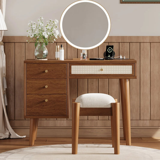 39' Retro Bohemian Style Wooden Makeup Vanity Set with Charging Plug&USB Port and Stool, Dressing Table with 3 Storage Drawers and 1 Rectangular – view 1
