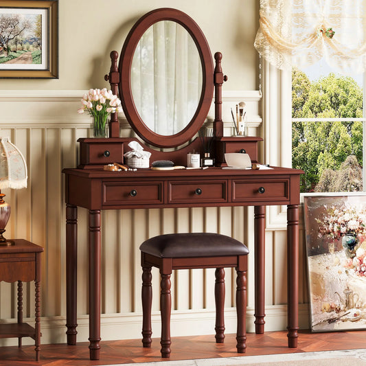 Vanity Desk with Adjustable Angle Mirror, Vintage Vanity Makeup Table and Cushioned Stool Set with Velvet Fabric Lining 5 Drawers,Wooden Dressing – view 1