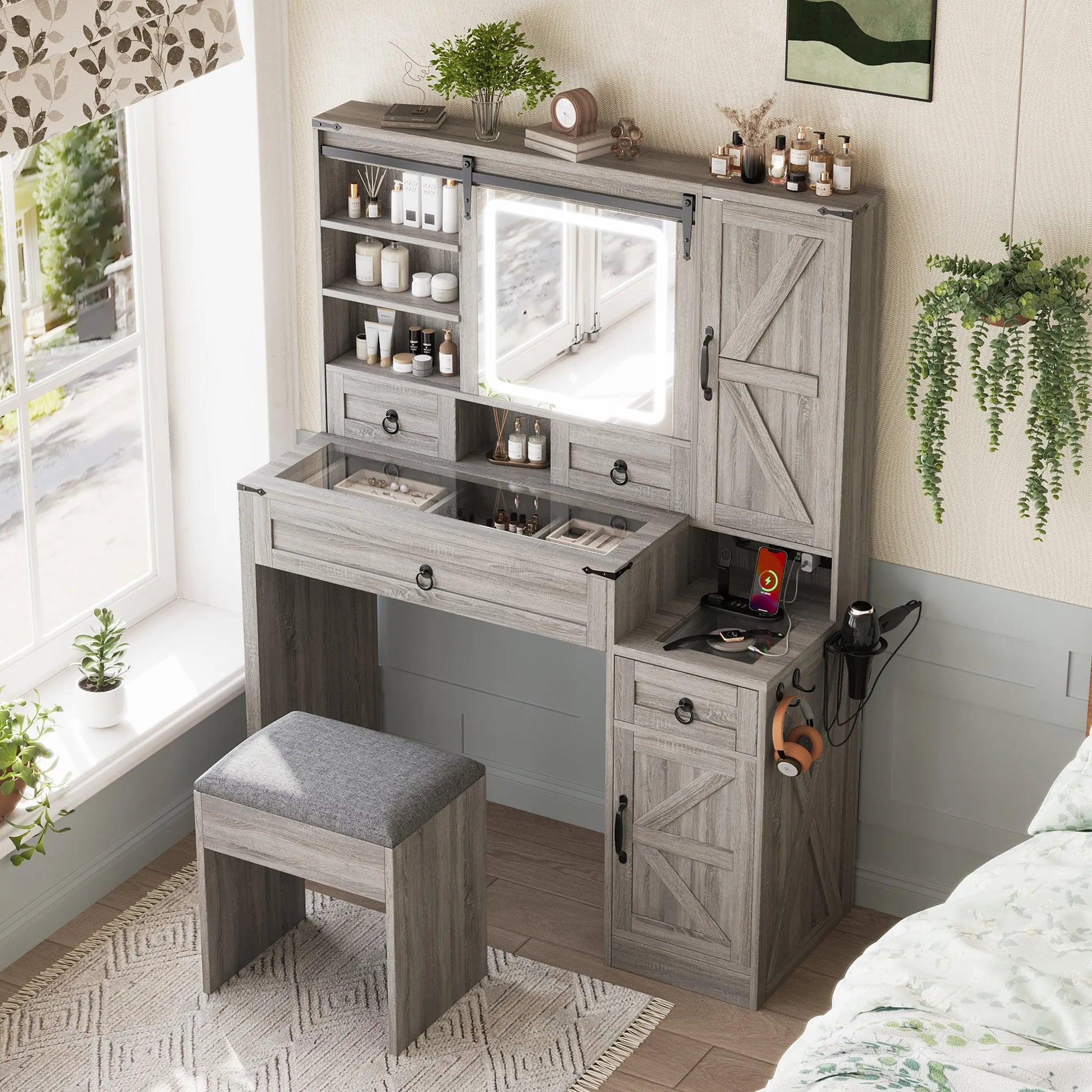 Farmhouse Vanity Desk with Sliding Mirror and Lights, Vanity Set with Glass Top and Charging Station ,Dressing Table with 4 Drawers and 2 Cabinets – view 1