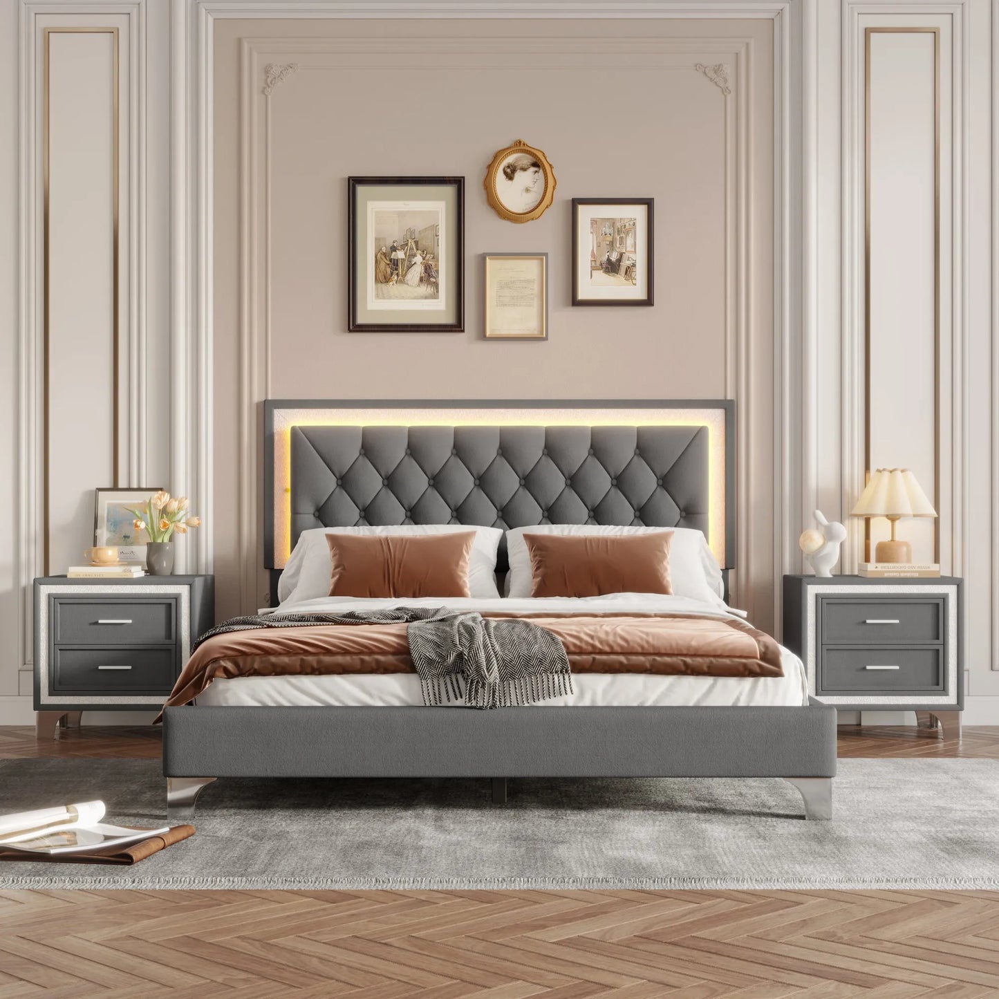 3-Pieces Bedroom Sets,Queen Size Upholstered Platform Bed with LED Lights and Two Nightstands-Gray – view 1