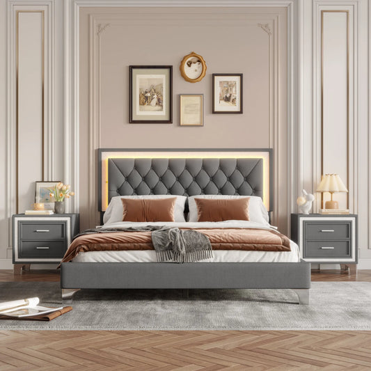 3-Pieces Bedroom Sets,Queen Size Upholstered Platform Bed with LED Lights and Two Nightstands-Gray – view 1