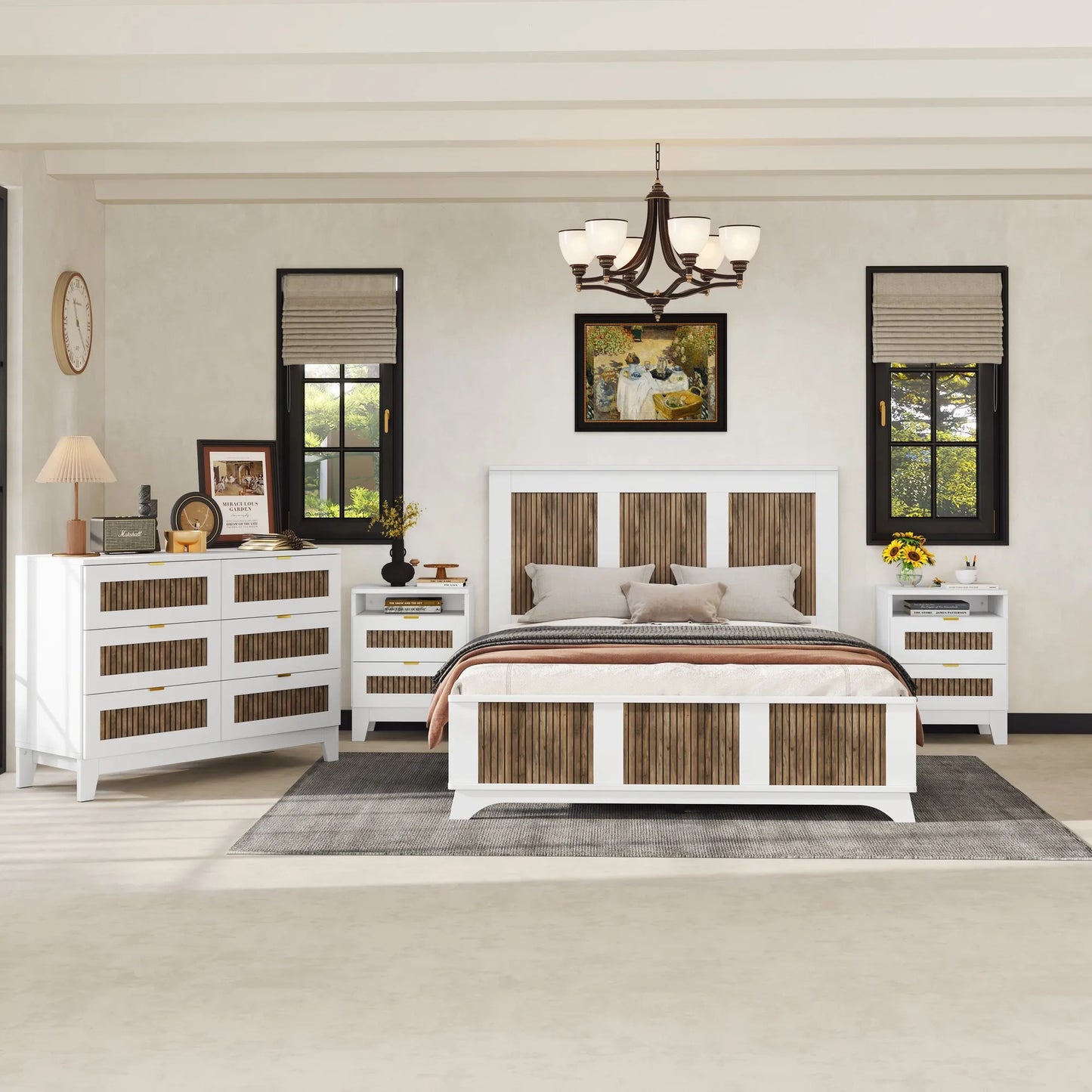 4-Pieces Bedroom Sets, Queen Size Farmhouse Platform Bed with Wooden Strip Stickers Decoration, Storage Nightstand and Dresser with Metal Handle – view 1