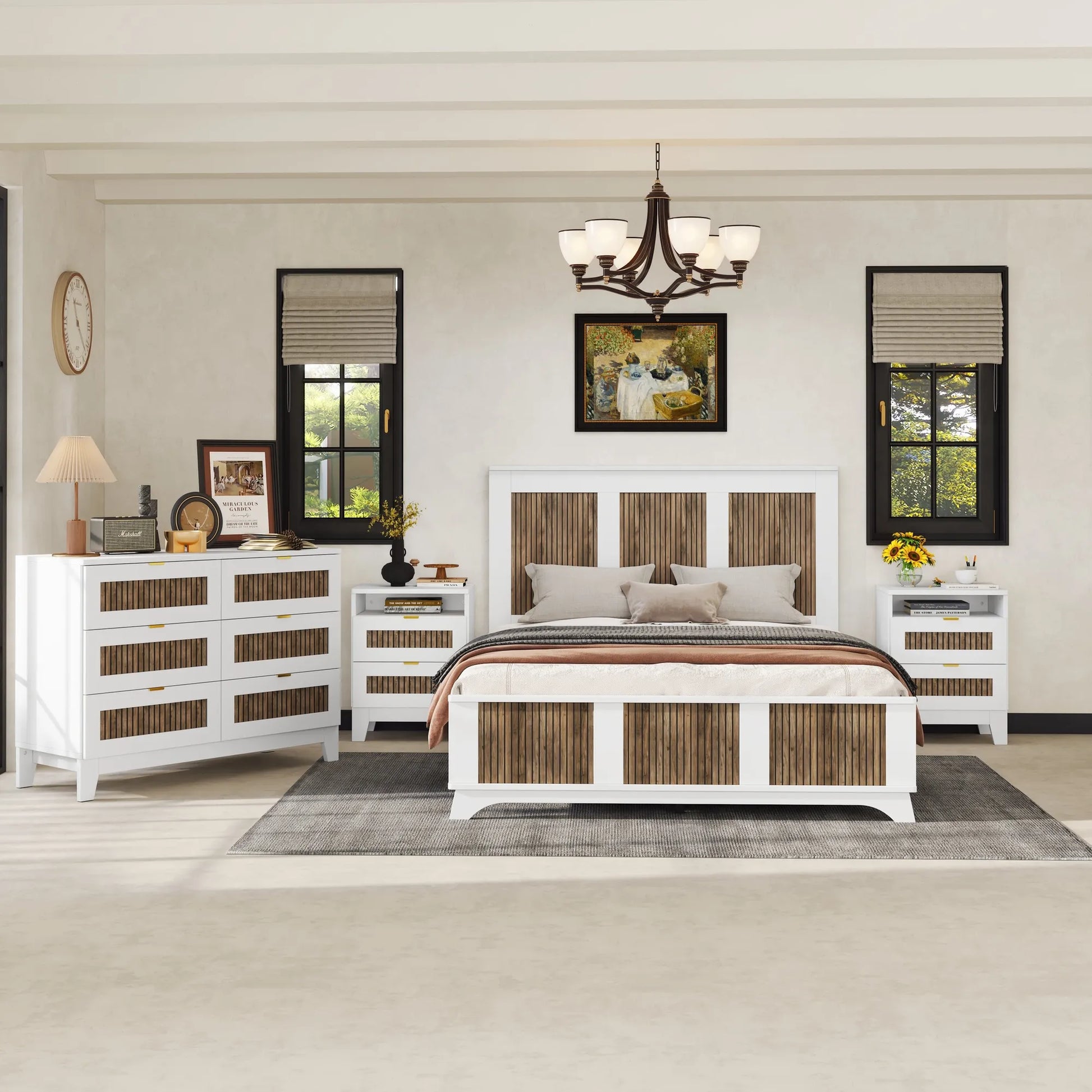 4-Pieces Bedroom Sets, Queen Size Farmhouse Platform Bed with Wooden Strip Stickers Decoration, Storage Nightstand and Dresser with Metal Handle – view 1