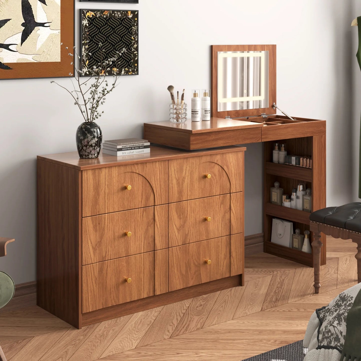 Vanity Desk with Mirror and Lights, Makeup Vanity Table with Flip-Top Tabletop and Storage 7 Drawers, 9 Compartments, 3 Shelves, 3 Color Modes – view 1