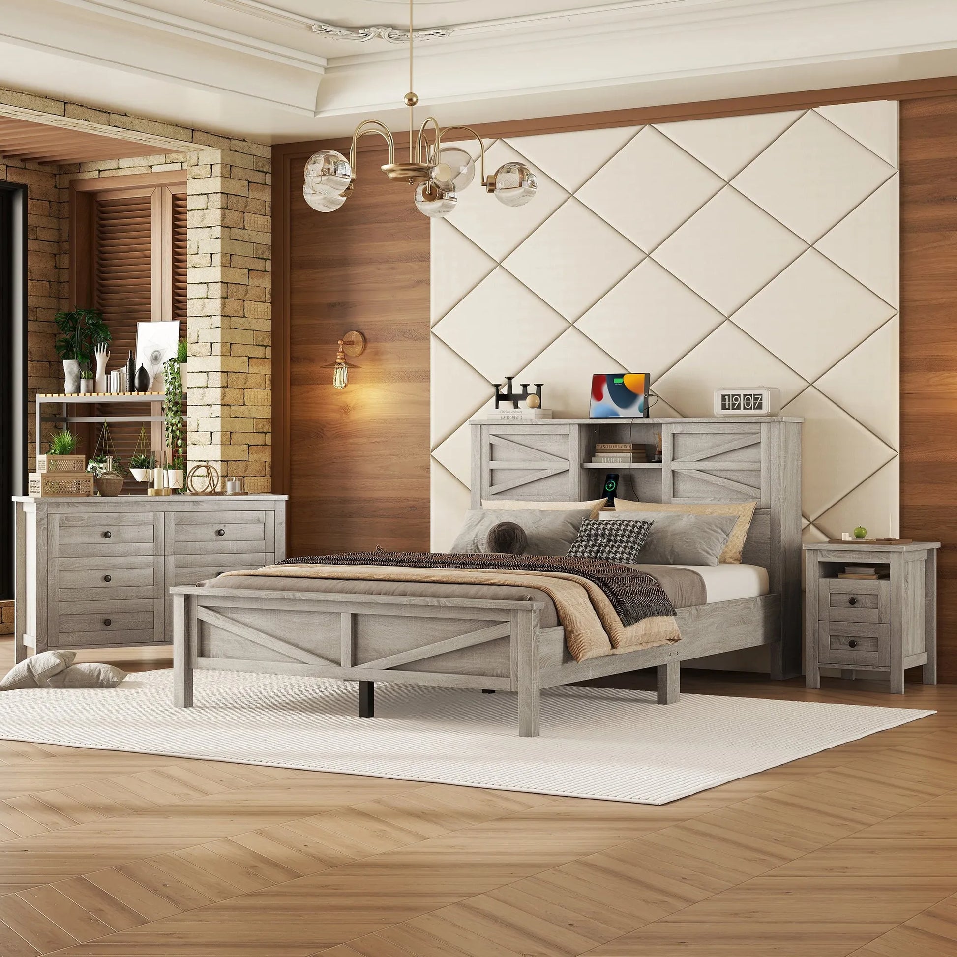 3-Pieces Bedroom Sets Queen Size Farmhouse Platform Bed with Double Sliding Door Storage Headboard and Charging Station, Storage Nightstand and – view 1