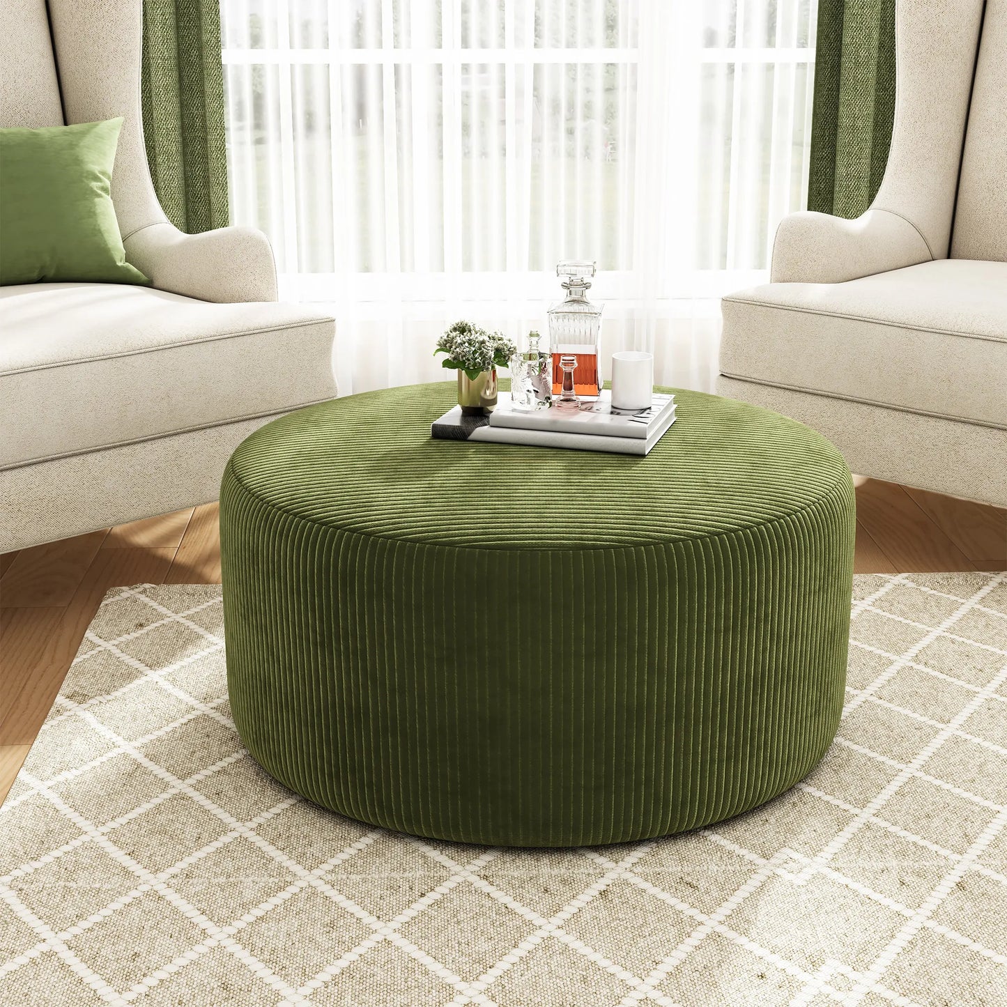 Upholstered Round Ottoman,Olive Green,Corduroy – view 1