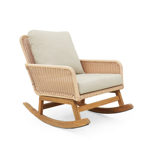 Contemporary Minimalist Beige Wicker Rocking Chair with Soft Polyester Cushions and Wooden Frame – view 1