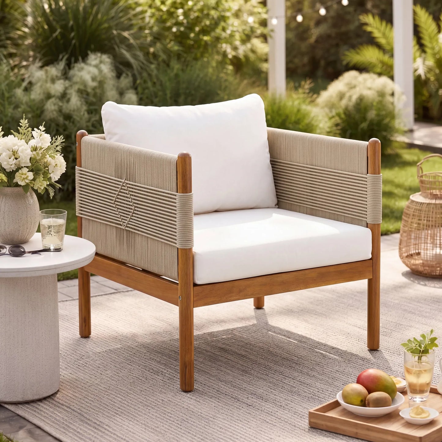 Outdoor Acacia Wood Club Chair with Diamond Rope Weave & Cushions, Teak Finish – view 1