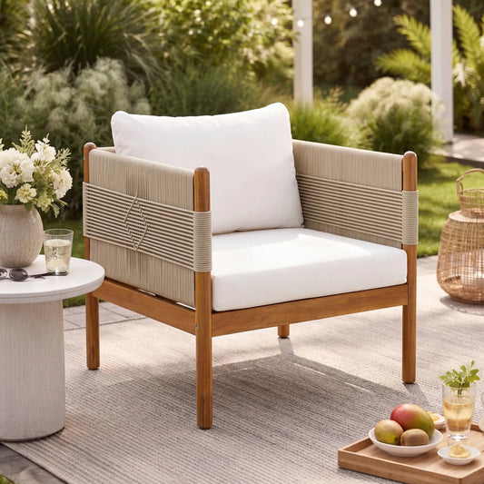 Outdoor Acacia Wood Club Chair with Diamond Rope Weave & Cushions, Teak Finish – view 1
