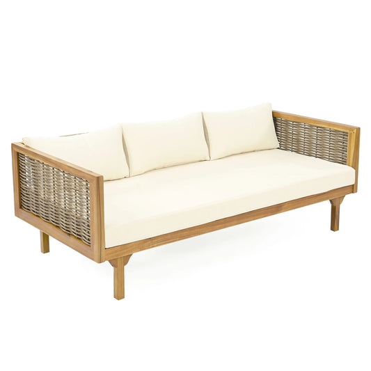 CLAREMONT 3 Seater Daybed with Rattan Arms Beige Cushion Acacia Wood – view 1